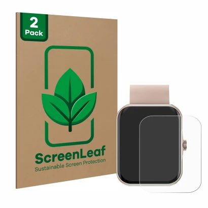 Parte frontal de un envase de producto con el logotipo de la marca ScreenLeaf. Al lado se muestra el dispositivo Mutoy Smartwa