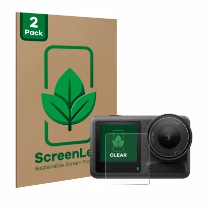Parte frontal de un envase de producto con el logotipo de la marca ScreenLeaf. Al lado se muestra el dispositivo DJI Osmo Acti