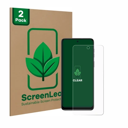 Parte frontal de un envase de producto con el logotipo de la marca ScreenLeaf. Al lado se muestra el dispositivo Motorola Moto
