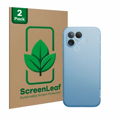Parte frontal de un envase de producto con el logotipo de la marca ScreenLeaf. Al lado se muestra el dispositivo Fairphone 5 (
