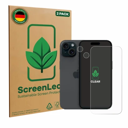 Parte frontal de un envase de producto con el logotipo de la marca ScreenLeaf. Al lado se muestra el dispositivo Apple iPhone 