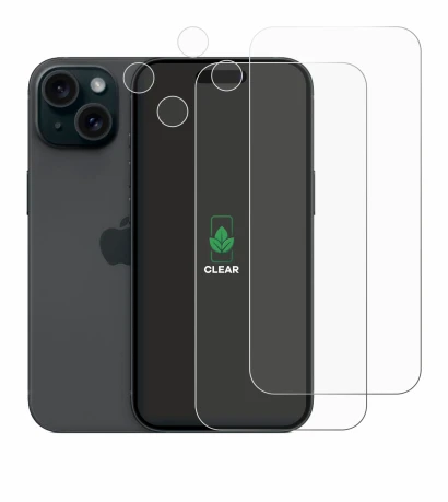Imagen del dispositivo Apple iPhone 15 (Frontal+Cámara) con una amplia variedad de protectores de pantalla.