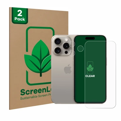 Parte frontal de un envase de producto con el logotipo de la marca ScreenLeaf. Al lado se muestra el dispositivo Apple iPhone 