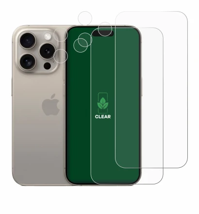 Imagen del dispositivo Apple iPhone 15 Pro (Frontal+Cámara) con una amplia variedad de protectores de pantalla.