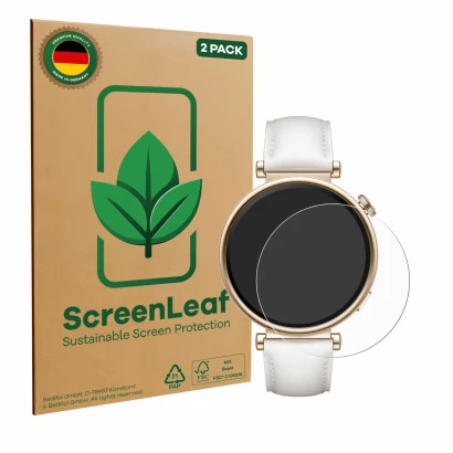 Parte frontal de un envase de producto con el logotipo de la marca ScreenLeaf. Al lado se muestra el dispositivo Huawei Watch 