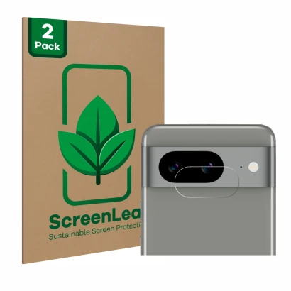 Parte frontal de un envase de producto con el logotipo de la marca ScreenLeaf. Al lado se muestra el dispositivo Google Pixel 