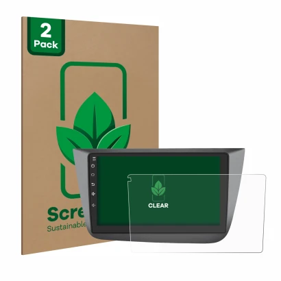 Parte frontal de un envase de producto con el logotipo de la marca ScreenLeaf. Al lado se muestra el dispositivo Topway Androi