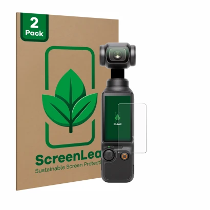 Parte frontal de un envase de producto con el logotipo de la marca ScreenLeaf. Al lado se muestra el dispositivo DJI Osmo Pock