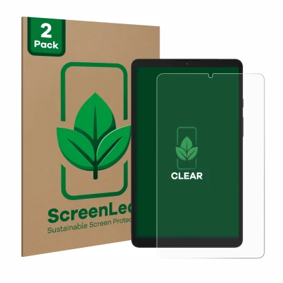 Parte frontal de un envase de producto con el logotipo de la marca ScreenLeaf. Al lado se muestra el dispositivo Samsung Galax