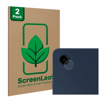 Parte frontal de un envase de producto con el logotipo de la marca ScreenLeaf. Al lado se muestra el dispositivo Samsung Galax