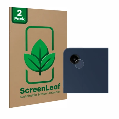 Parte frontal de un envase de producto con el logotipo de la marca ScreenLeaf. Al lado se muestra el dispositivo Samsung Galax