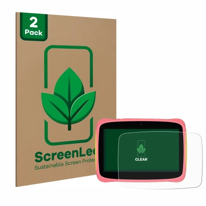 Parte frontal de un envase de producto con el logotipo de la marca ScreenLeaf. Al lado se muestra el dispositivo Blackview Tab