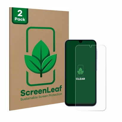 Parte frontal de un envase de producto con el logotipo de la marca ScreenLeaf. Al lado se muestra el dispositivo Samsung Galax