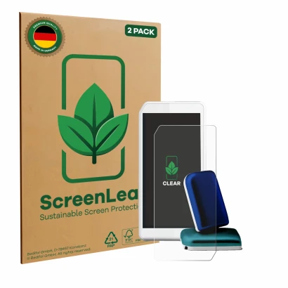 Parte frontal de un envase de producto con el logotipo de la marca ScreenLeaf. Al lado se muestra el dispositivo Kaleido DBLG1