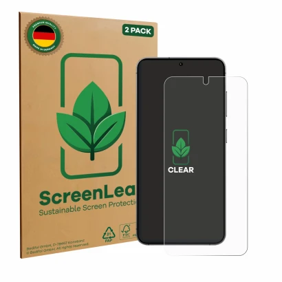 Parte frontal de un envase de producto con el logotipo de la marca ScreenLeaf. Al lado se muestra el dispositivo Samsung Galax
