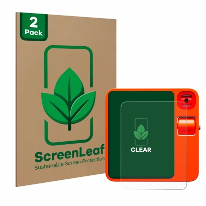 Parte frontal de un envase de producto con el logotipo de la marca ScreenLeaf. Al lado se muestra el dispositivo rabbit r1 con