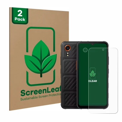 Parte frontal de un envase de producto con el logotipo de la marca ScreenLeaf. Al lado se muestra el dispositivo Samsung Galax