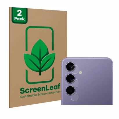 Parte frontal de un envase de producto con el logotipo de la marca ScreenLeaf. Al lado se muestra el dispositivo Samsung Galax