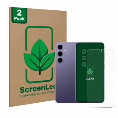 Parte frontal de un envase de producto con el logotipo de la marca ScreenLeaf. Al lado se muestra el dispositivo Samsung Galax