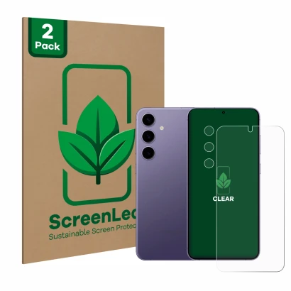 Parte frontal de un envase de producto con el logotipo de la marca ScreenLeaf. Al lado se muestra el dispositivo Samsung Galax