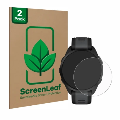 Parte frontal de un envase de producto con el logotipo de la marca ScreenLeaf. Al lado se muestra el dispositivo Garmin Foreru
