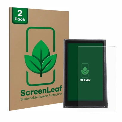 Parte frontal de un envase de producto con el logotipo de la marca ScreenLeaf. Al lado se muestra el dispositivo Vmax VX4 con 