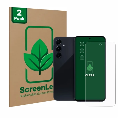 Parte frontal de un envase de producto con el logotipo de la marca ScreenLeaf. Al lado se muestra el dispositivo Samsung Galax