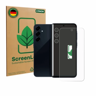 Parte frontal de un envase de producto con el logotipo de la marca ScreenLeaf. Al lado se muestra el dispositivo Samsung Galax