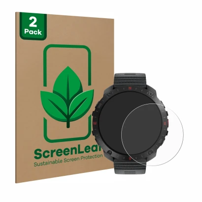 Parte frontal de un envase de producto con el logotipo de la marca ScreenLeaf. Al lado se muestra el dispositivo Polar Grit X2
