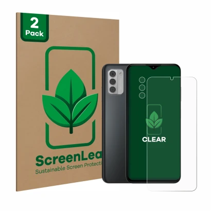 Parte frontal de un envase de producto con el logotipo de la marca ScreenLeaf. Al lado se muestra el dispositivo Nokia G42 5G 