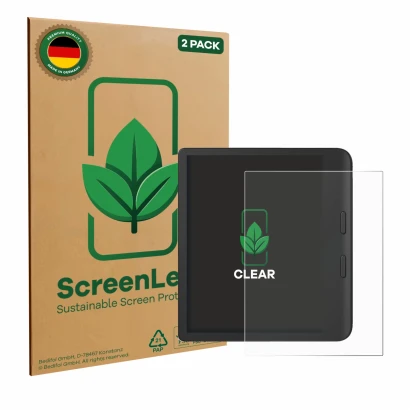 Parte frontal de un envase de producto con el logotipo de la marca ScreenLeaf. Al lado se muestra el dispositivo Tolino Vision