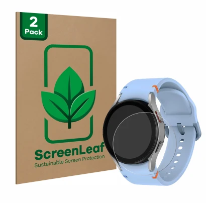 Parte frontal de un envase de producto con el logotipo de la marca ScreenLeaf. Al lado se muestra el dispositivo Samsung Galax