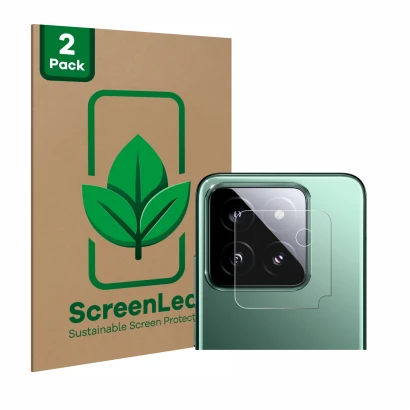 Parte frontal de un envase de producto con el logotipo de la marca ScreenLeaf. Al lado se muestra el dispositivo Xiaomi 14 (SÓ