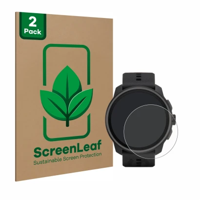 Parte frontal de un envase de producto con el logotipo de la marca ScreenLeaf. Al lado se muestra el dispositivo Suunto Race S