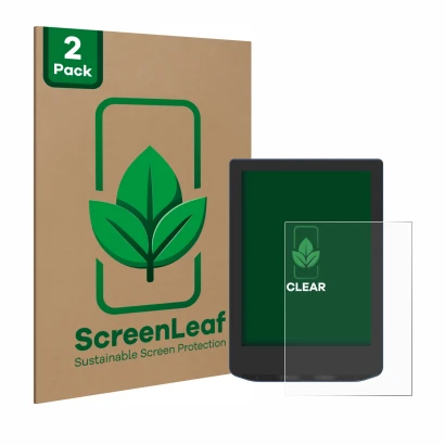 Parte frontal de un envase de producto con el logotipo de la marca ScreenLeaf. Al lado se muestra el dispositivo PocketBook Ve