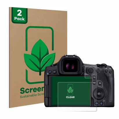 Parte frontal de un envase de producto con el logotipo de la marca ScreenLeaf. Al lado se muestra el dispositivo Canon EOS R5 