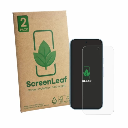 Parte frontal de un envase de producto con el logotipo de la marca ScreenLeaf. Al lado se muestra el dispositivo Google Pixel 