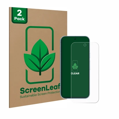 Parte frontal de un envase de producto con el logotipo de la marca ScreenLeaf. Al lado se muestra el dispositivo Google Pixel 