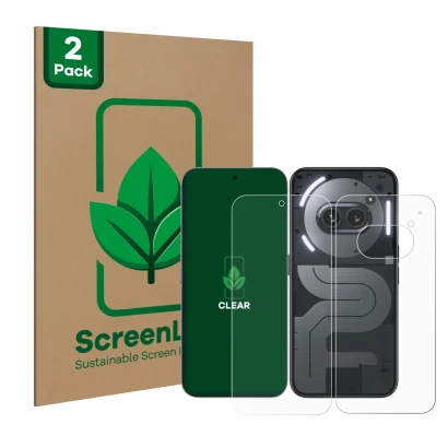 Parte frontal de un envase de producto con el logotipo de la marca ScreenLeaf. Al lado se muestra el dispositivo Nothing Phone