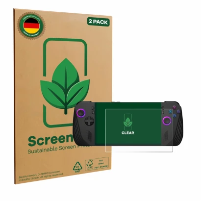 Parte frontal de un envase de producto con el logotipo de la marca ScreenLeaf. Al lado se muestra el dispositivo ASUS ROG Ally