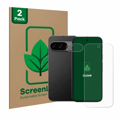 Parte frontal de un envase de producto con el logotipo de la marca ScreenLeaf. Al lado se muestra el dispositivo Google Pixel 
