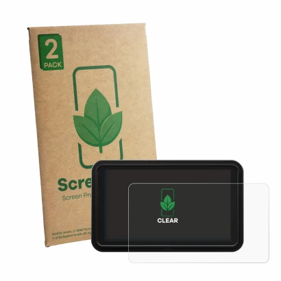 Parte frontal de un envase de producto con el logotipo de la marca ScreenLeaf. Al lado se muestra el dispositivo Atomos Shinob