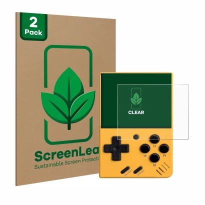 Parte frontal de un envase de producto con el logotipo de la marca ScreenLeaf. Al lado se muestra el dispositivo Miyoo Mini V4