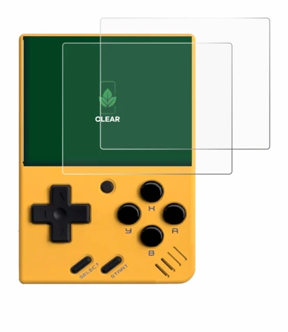 Imagen del dispositivo Miyoo Mini V4 con una amplia variedad de protectores de pantalla.