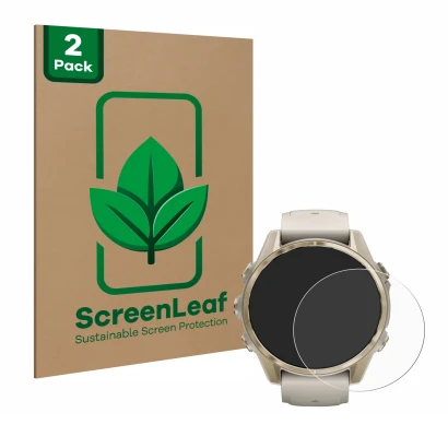 Parte frontal de un envase de producto con el logotipo de la marca ScreenLeaf. Al lado se muestra el dispositivo Garmin Fenix 