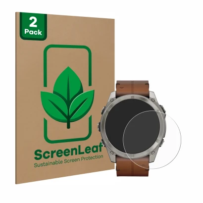Parte frontal de un envase de producto con el logotipo de la marca ScreenLeaf. Al lado se muestra el dispositivo Garmin Fenix 