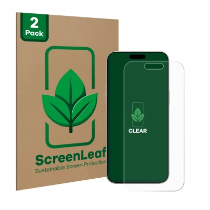 Parte frontal de un envase de producto con el logotipo de la marca ScreenLeaf. Al lado se muestra el dispositivo Apple iPhone 