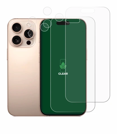 Imagen del dispositivo Apple iPhone 16 Pro (Frontal+Cámara) con una amplia variedad de protectores de pantalla.