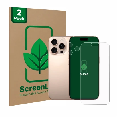 Parte frontal de un envase de producto con el logotipo de la marca ScreenLeaf. Al lado se muestra el dispositivo Apple iPhone 