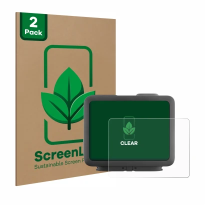 Parte frontal de un envase de producto con el logotipo de la marca ScreenLeaf. Al lado se muestra el dispositivo GoPro Hero 4k